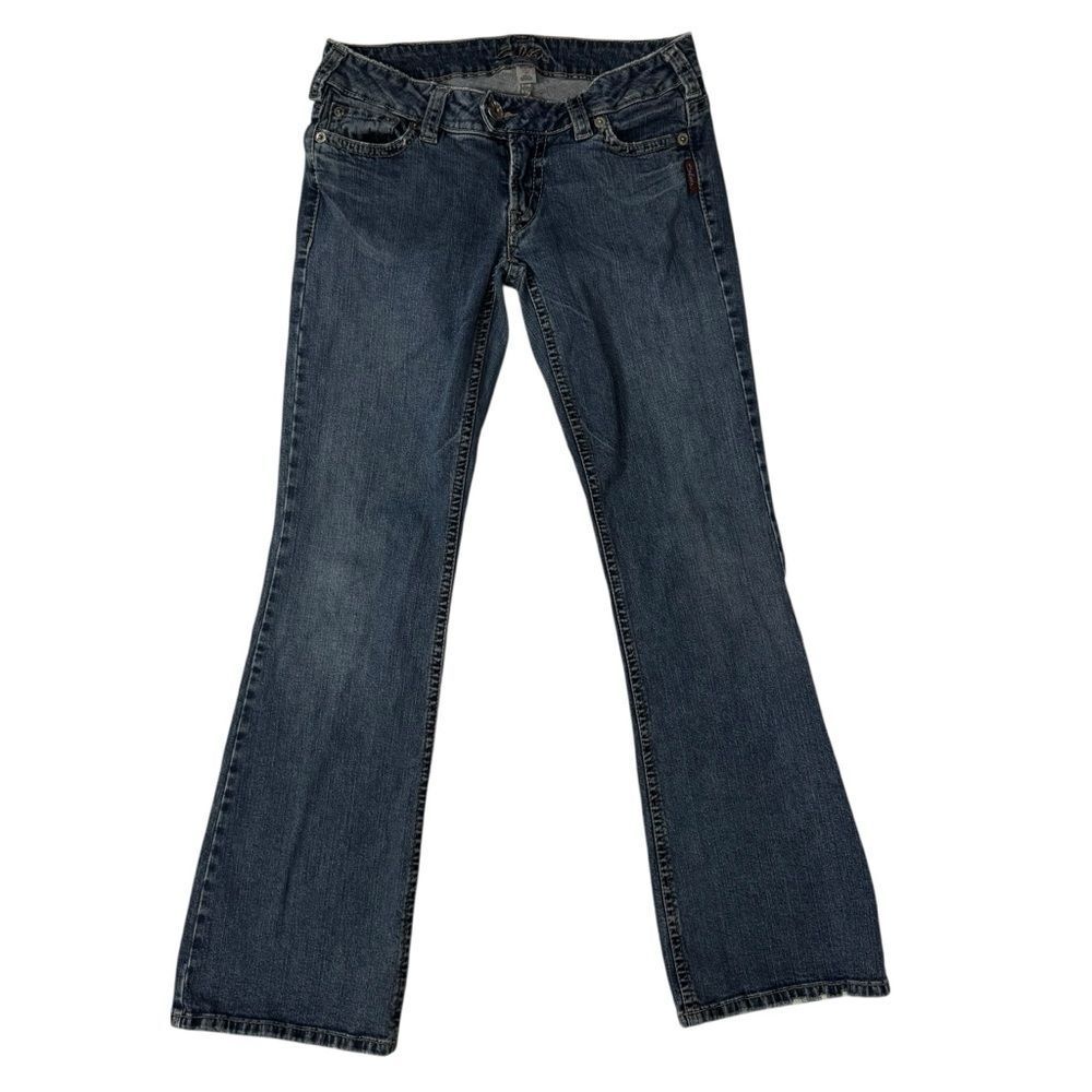Silver Jeans Dark Wash Blue Cotton Denim Flare Leg Jeans Distressed size 31/33 - Picture 14 of 14